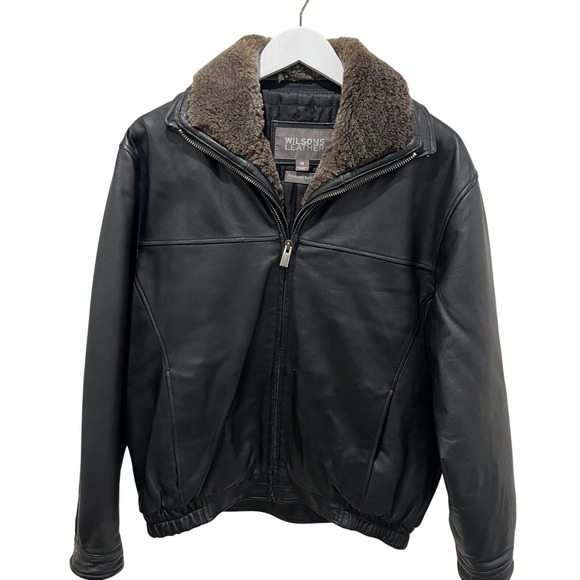 Wilsons‎ Leather Mens Black Bomber Jacket M Faux Fur Removable Collar Thinsulate